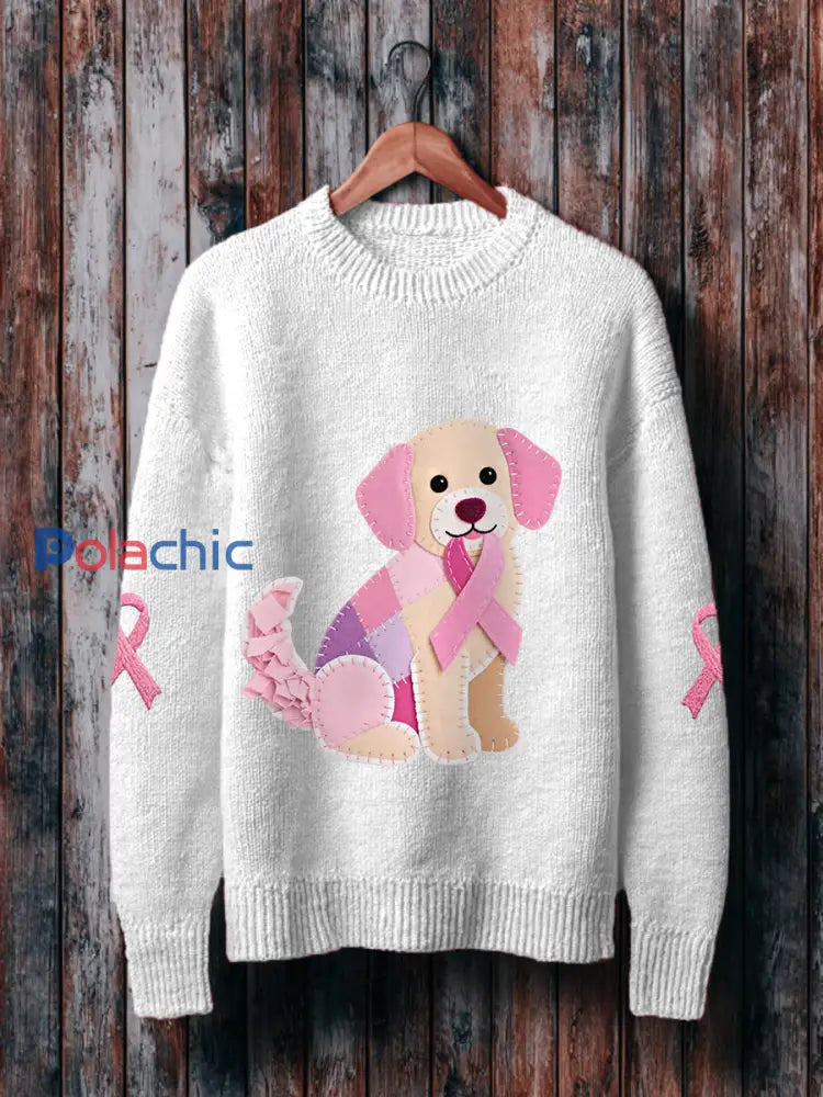 Pull Femme Rose Chien Ruban Rose Soutien Sensibilisation Au Cancer Du Sein Blanc / S