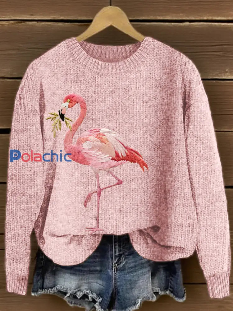 Pull Femme Rose Flamant Brodé En Maille Rose / S