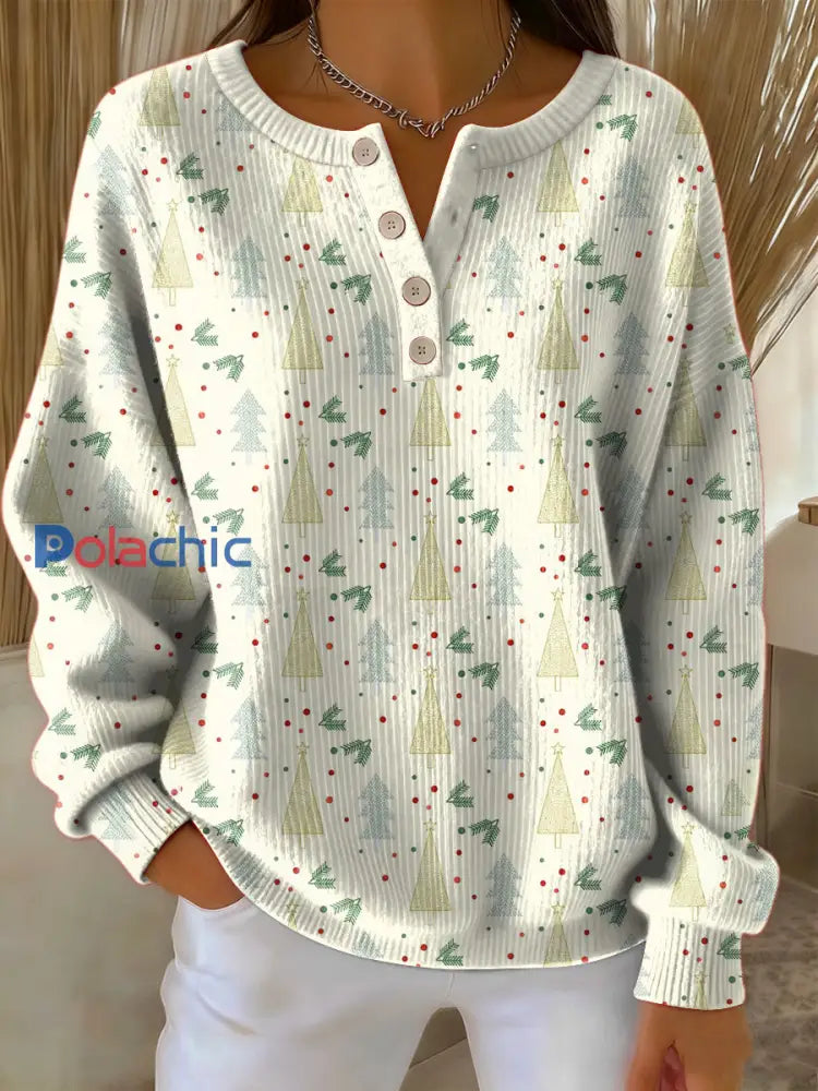 Pull Femme Vintage Arbre de Noël Art Imprimé à manches longues Abricot / S