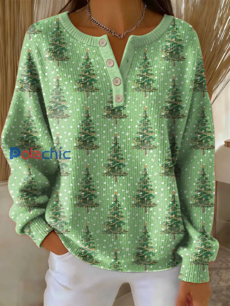 Pull Femme Vintage Arbre de Noël Art Imprimé à manches longues Vert / S