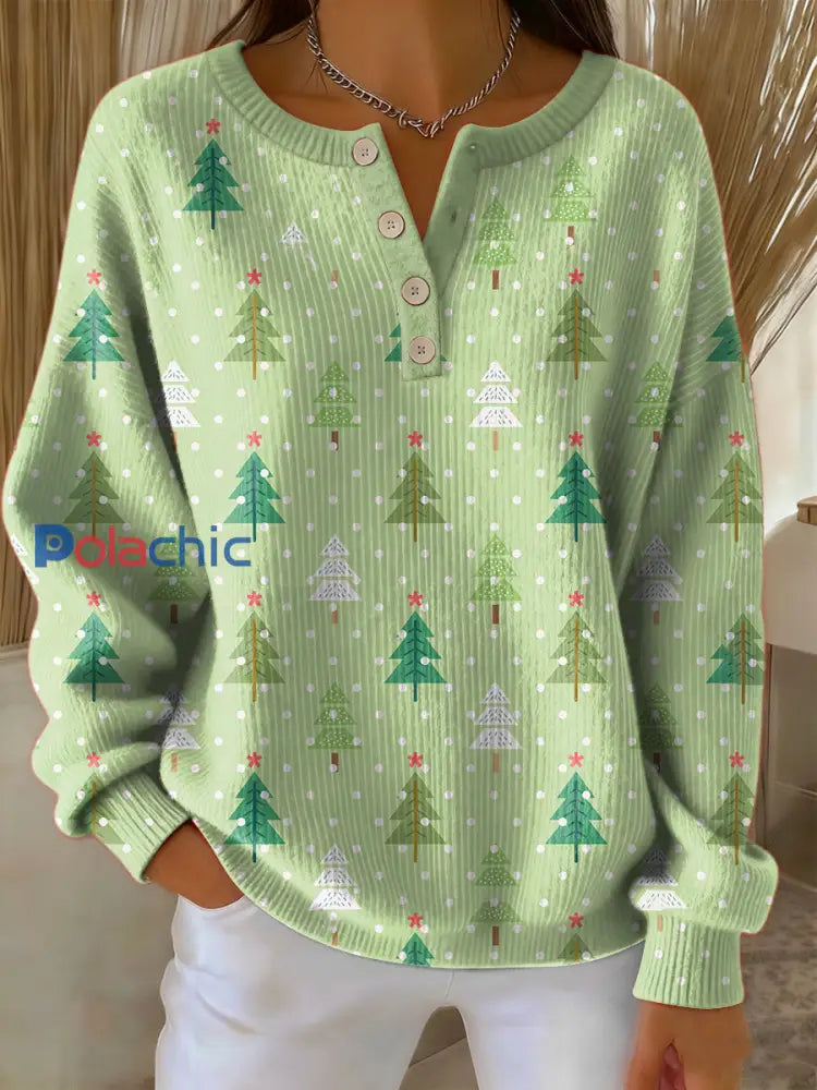 Pull Femme Vintage Arbre de Noël Art Imprimé à manches longues Vert / S