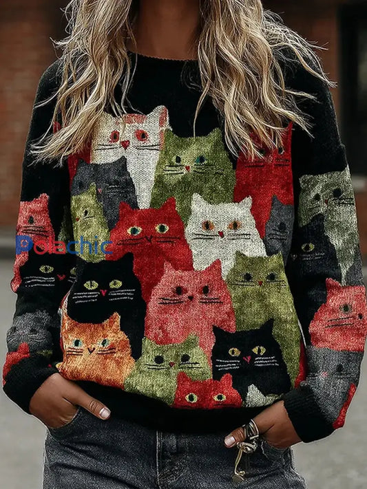 Pull Femme Vintage Cat Art Imprimé A / S