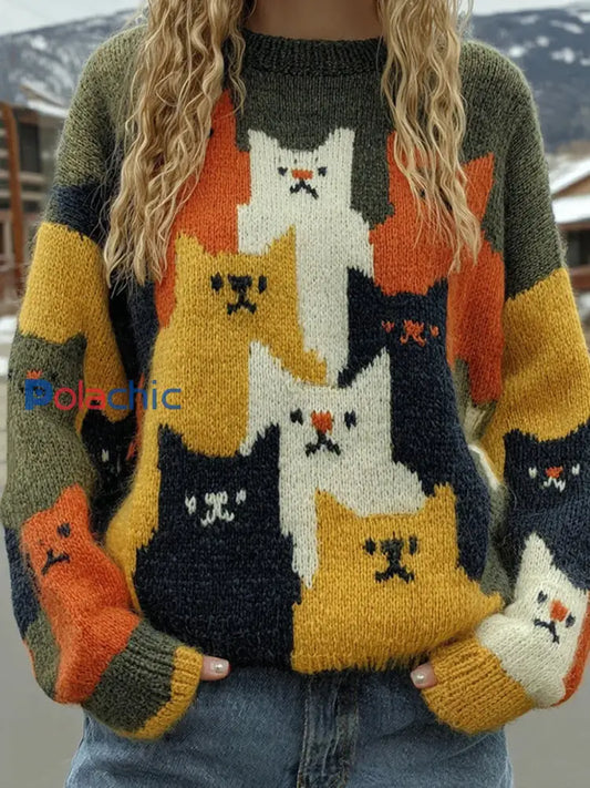 Pull Femme Vintage Cat Art Imprimé A / S