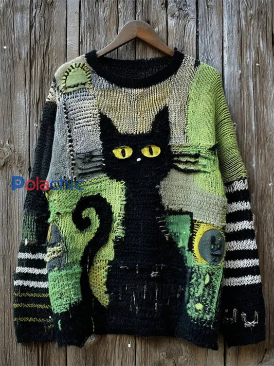 Pull Femme Vintage Cat Art Imprimé A / S