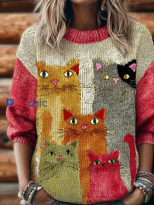 Pull Femme Vintage Cat Art Imprimé A / S