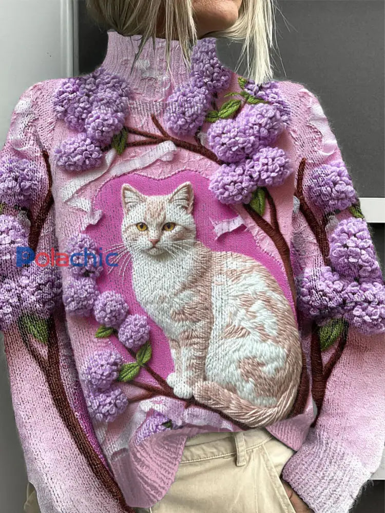 Pull Femme Violet Chat Floral Col Roulé Violet / S
