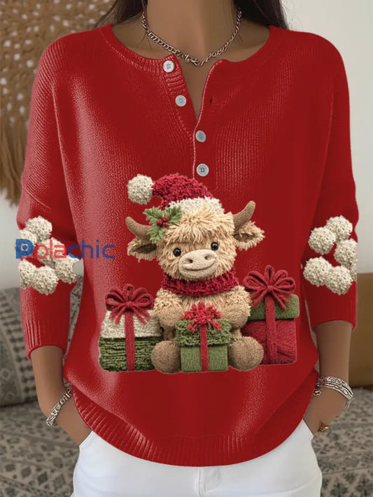 Pull Henley Mignon Femme Imprimé Vache de Noël Highland Multicolore / S