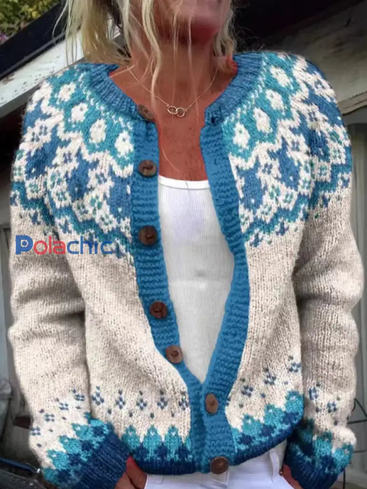 Pull islandais animal mignon des femmes Bouton Cardigan Chunky Pull en tricot Bleu / S