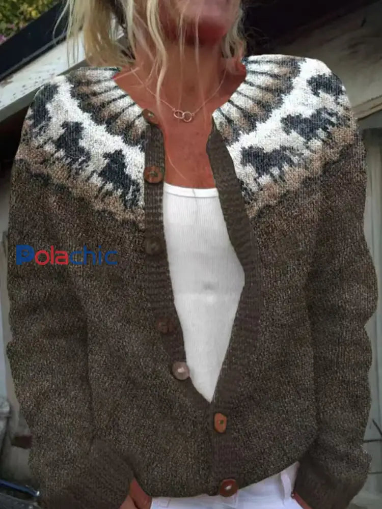 Pull islandais animal mignon des femmes Bouton Cardigan Chunky Pull en tricot Café / S