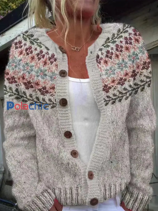 Pull islandais d’hiver pour femmes col rond lâche bouton Cardigan Kaki / S