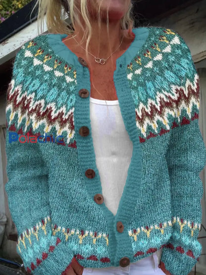 Pull Islandais Hiver Femme Col Rond Bouton Lâche Chunky Tricot Cardigan Pull Bleu / S