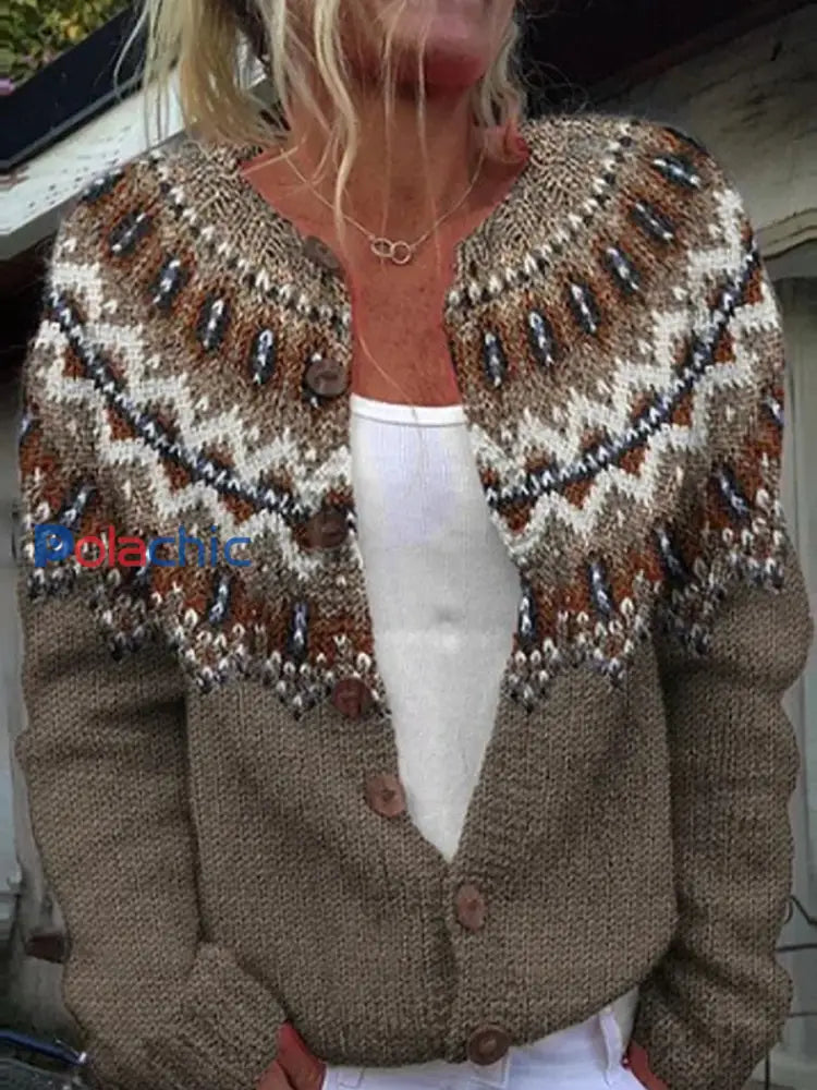 Pull Islandais Hiver Femme Col Rond Bouton Lâche Chunky Tricot Cardigan Pull Café / S