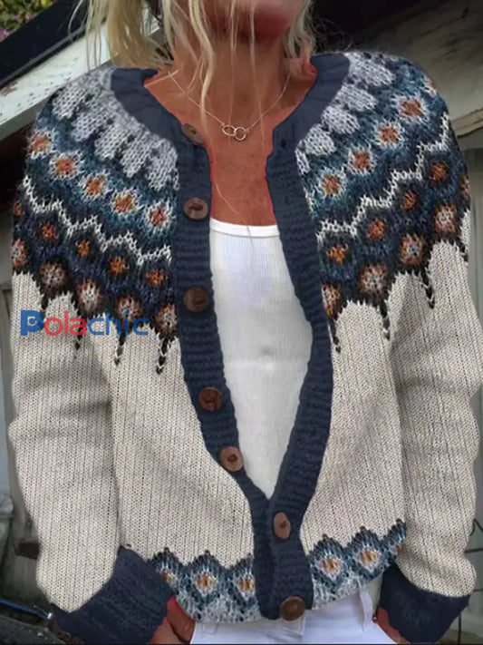 Pull Islandais Hiver Femme Col Rond Bouton Lâche Chunky Tricot Cardigan Pull comme image / S