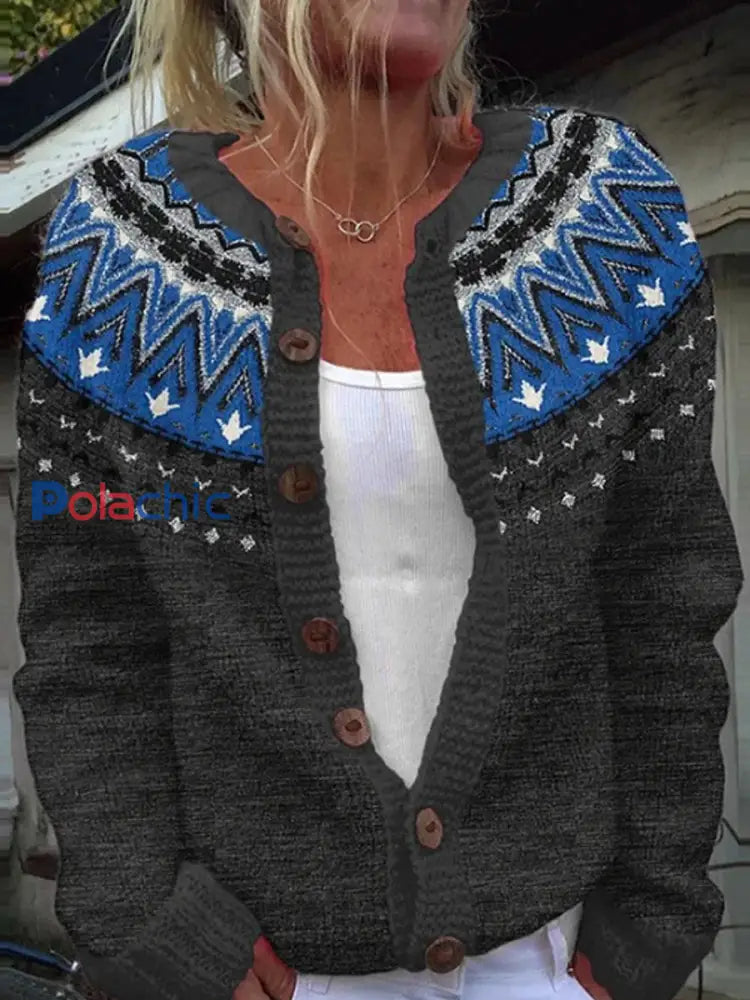 Pull Islandais Hiver Femme Col Rond Bouton Lâche Chunky Tricot Cardigan Pull Noir / S