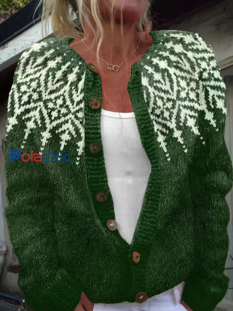 Pull Islandais Hiver Femme Col Rond Bouton Lâche Chunky Tricot Cardigan Pull Vert / S