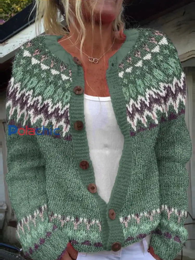 Pull Islandais Hiver Femme Col Rond Bouton Lâche Chunky Tricot Cardigan Pull Vert / S