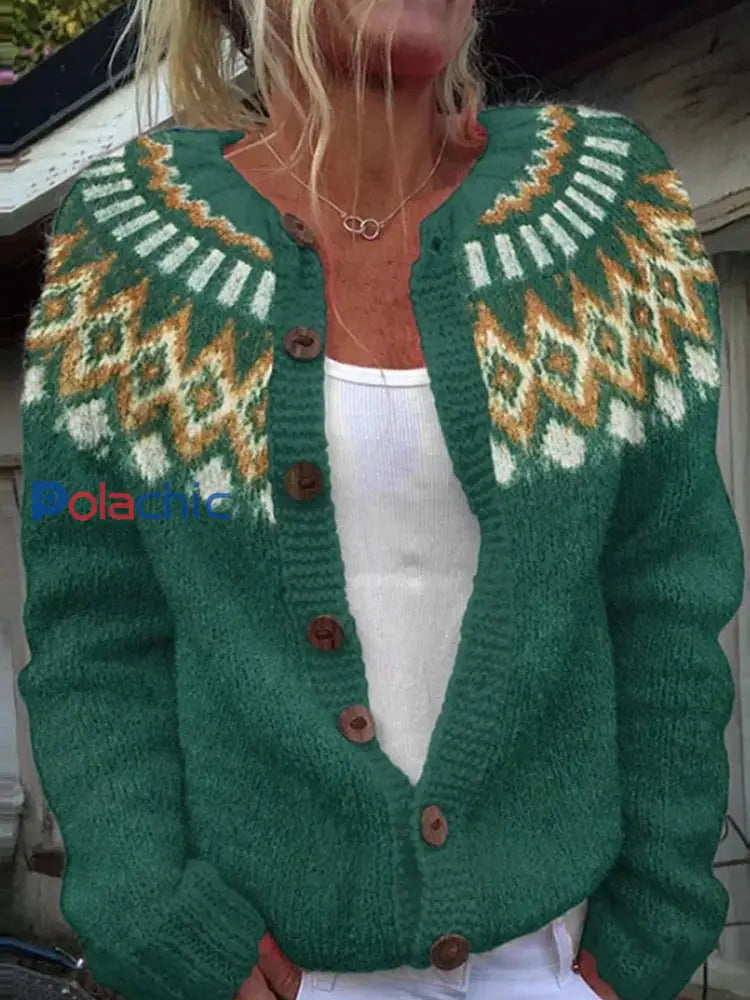 Pull Islandais Hiver Femme Col Rond Bouton Lâche Chunky Tricot Cardigan Pull Vert / S