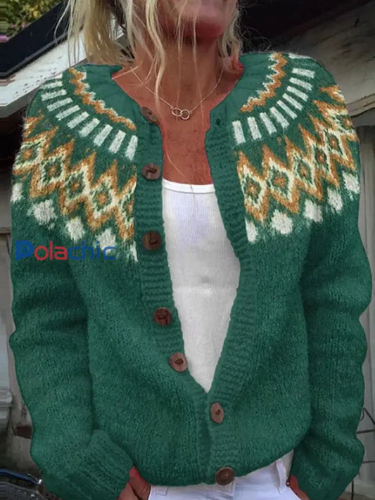 Pull Islandais Hiver Femme Col Rond Bouton Lâche Chunky Tricot Cardigan Pull Vert / S