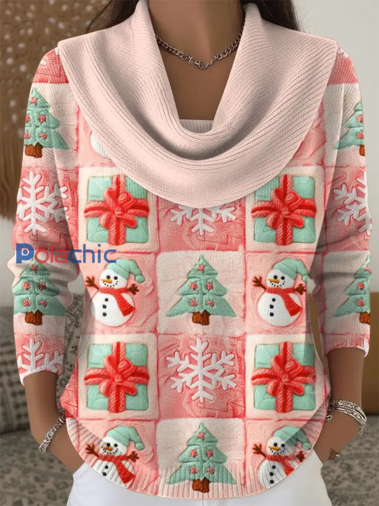 Pull rétro col bénitier imprimé art multicolore de bloc de couleur de Noël Rose / S