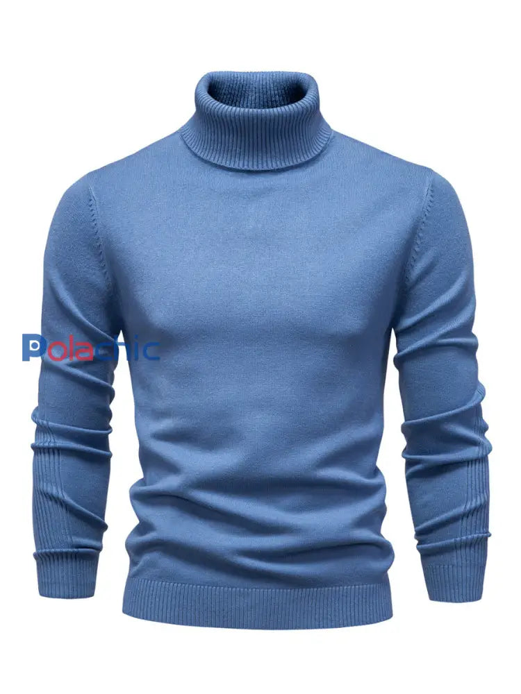 Pull tricoté à col roulé décontracté de couleur unie pour hommes bleu brume / S