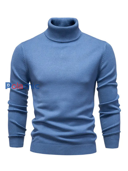 Pull tricoté à col roulé décontracté de couleur unie pour hommes bleu brume / S