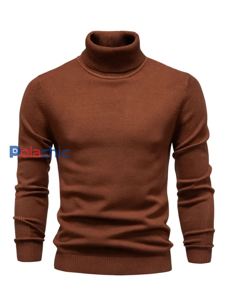 Pull tricoté à col roulé décontracté de couleur unie pour hommes café / S