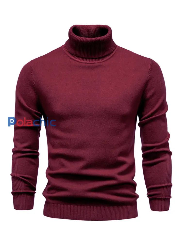 Pull tricoté à col roulé décontracté de couleur unie pour hommes vin rouge / S