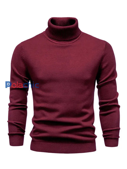 Pull tricoté à col roulé décontracté de couleur unie pour hommes vin rouge / S
