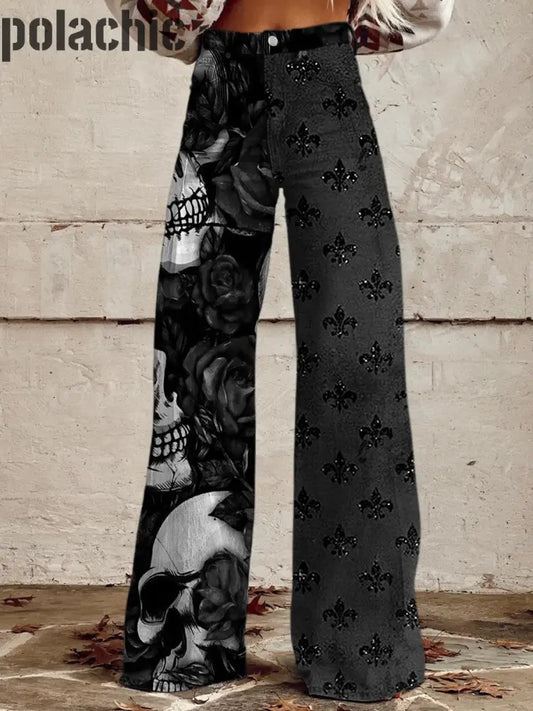 Punk Crâne Iris Imprimé Vintage Western Chic Lâche Boutons De Coton Pantalon A / S