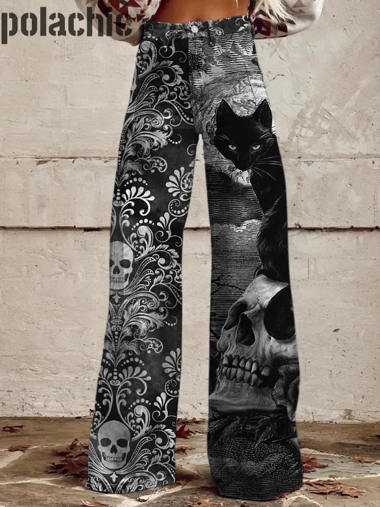 Punk Crow Imprimé Vintage Western Chic En Coton Lâche Boutons Pantalon A / S