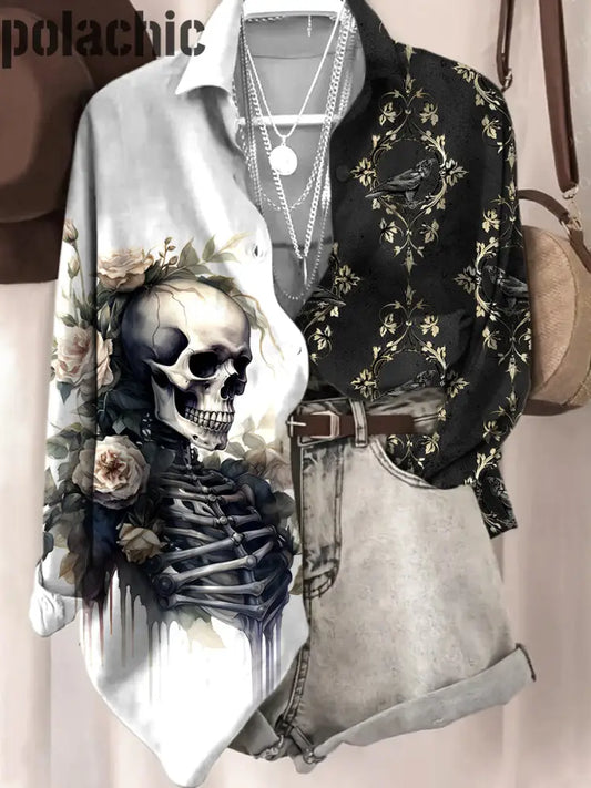 Punk Skull Flower Imprimé Col En V Bouton De Revers Casual Chemise À Manches Longues A / S