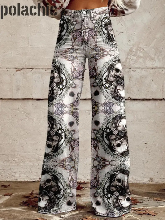 Punk Skull Imprimé Vintage Western Chic En Coton Lâche Boutons Pantalon A / S