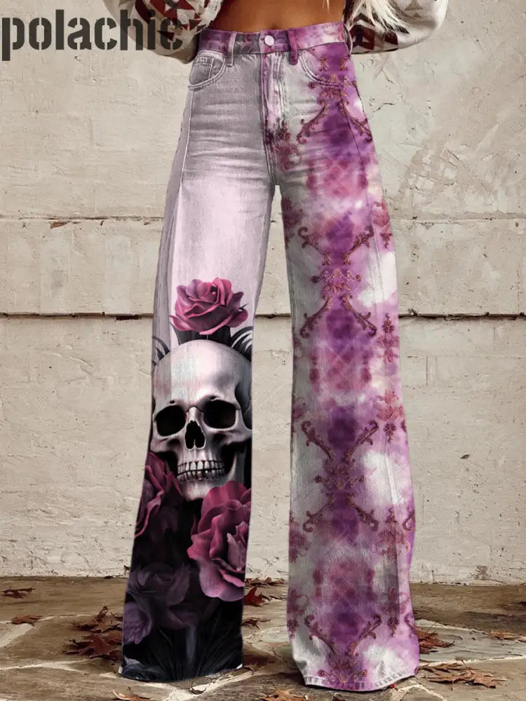 Punk Skull Rose Imprimé Vintage Western Chic Lâche Coton Boutons Pantalon A / S