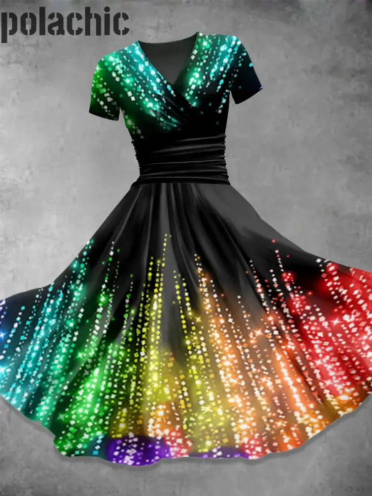 Rainbow Glitter Shards Imprimé V-Cou À Manches Courtes Mode Midi Robe A / S