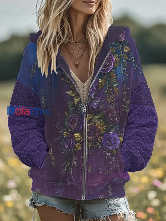 Retro 3D Floral Broderie Gradient Motif capuche Zipper surdimensionné Cardigan des femmes Violet / S