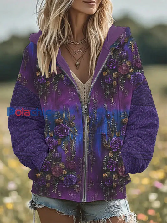 Retro 3D Floral Broderie Gradient Motif capuche Zipper surdimensionné Cardigan des femmes Violet / S