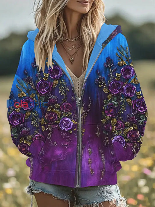 Retro 3D Floral Broderie Gradient Motif capuche Zipper surdimensionné Cardigan des femmes Violet / S