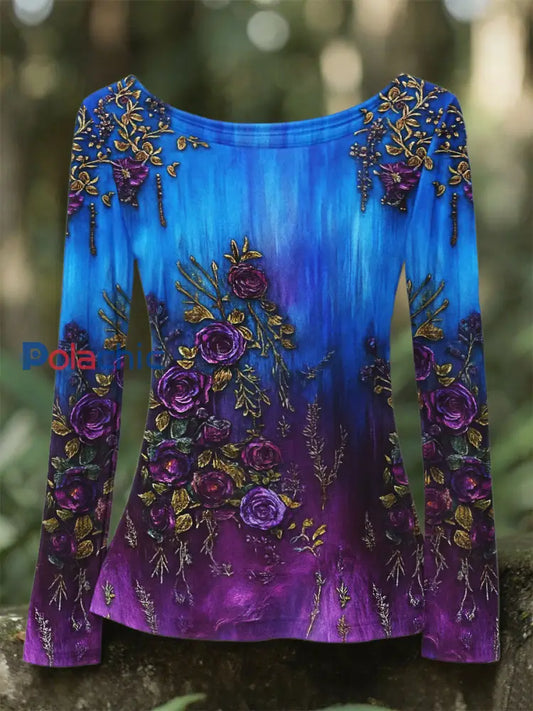 Retro 3D Floral Broderie Gradient Motif col rond T shirt à manches longues pour femmes Violet / S