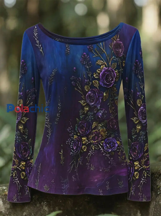 Retro 3D Floral Broderie Gradient Motif col rond T shirt à manches longues pour femmes Violet / S