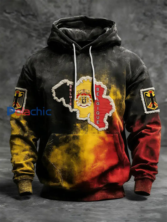 Rétro Abstrait Drapeau Belge Carte Casual Hoodie Noir / S