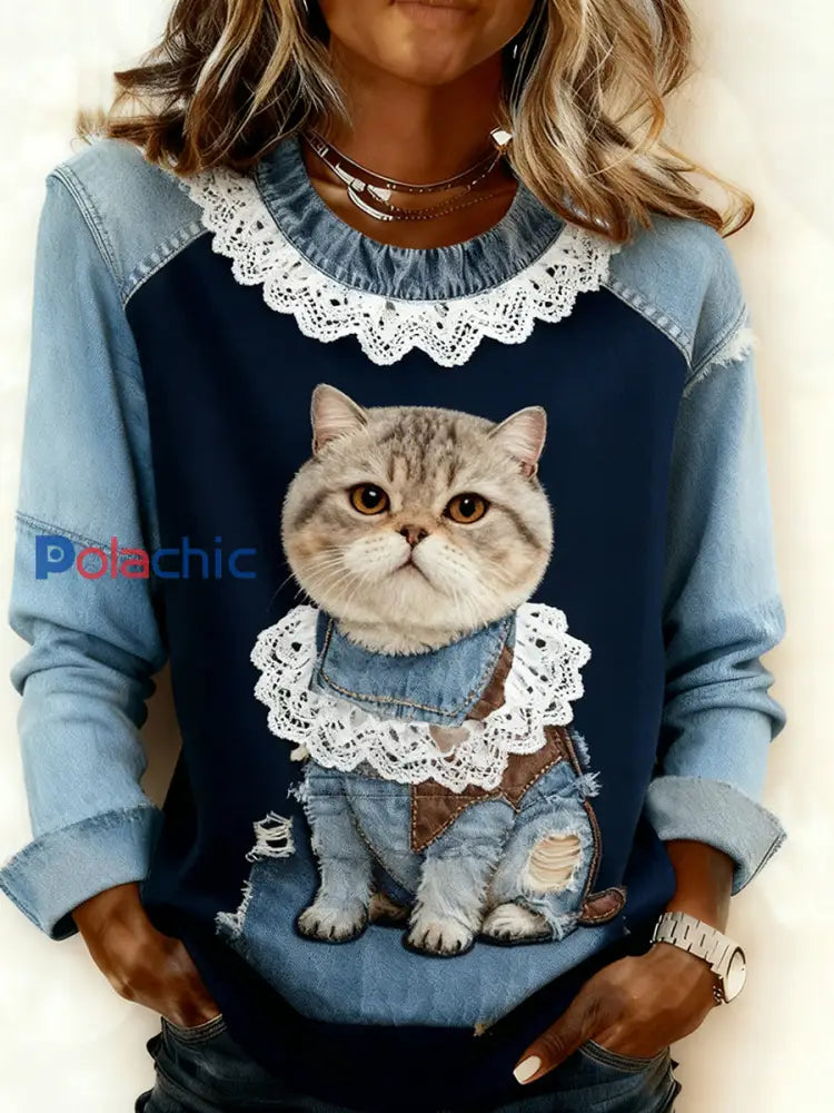 Retro Animal Art Print confortable Denim Patchwork Sweatshirt pour femmes A / S