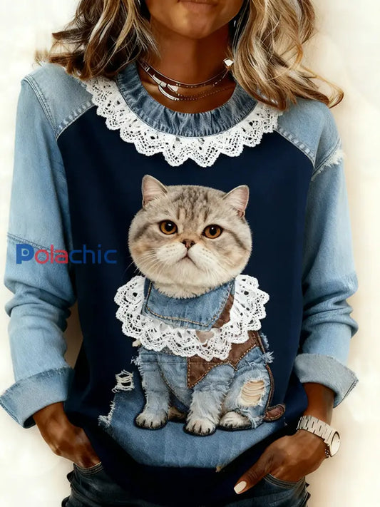Retro Animal Art Print confortable Denim Patchwork Sweatshirt pour femmes A / S