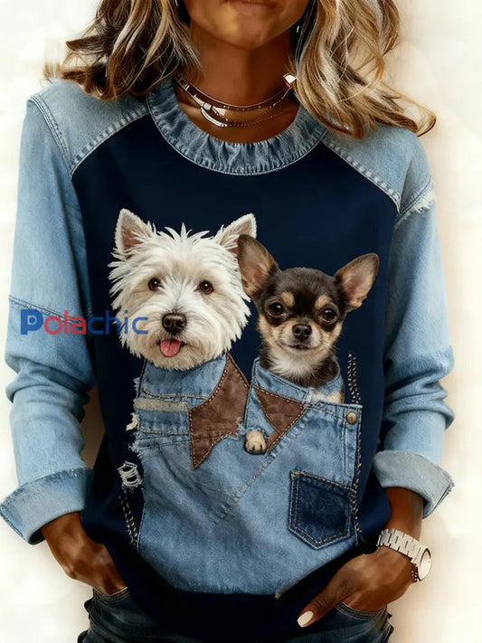 Retro Animal Art Print confortable Denim Patchwork Sweatshirt pour femmes A / S