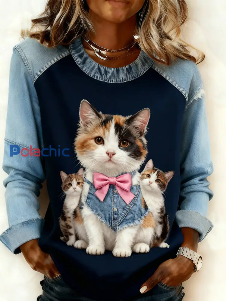 Retro Animal Art Print confortable Denim Patchwork Sweatshirt pour femmes A / S