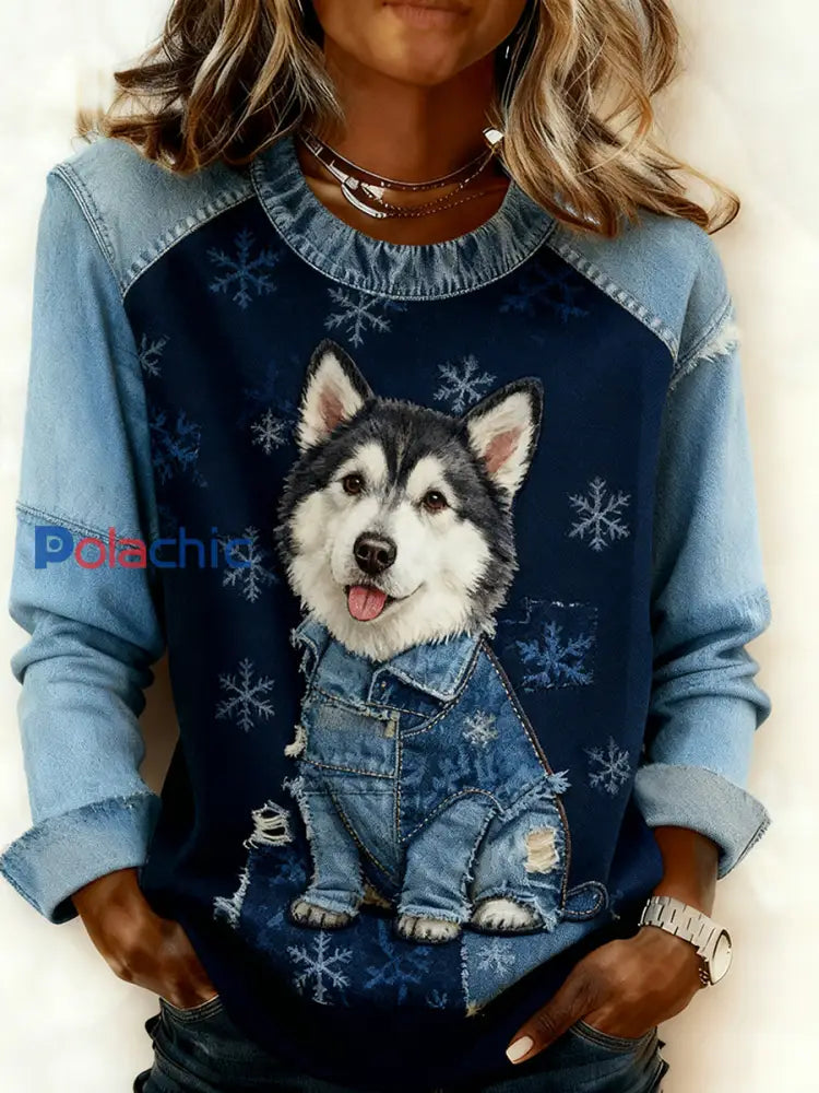 Retro Animal Art Print confortable Denim Patchwork Sweatshirt pour femmes A / S