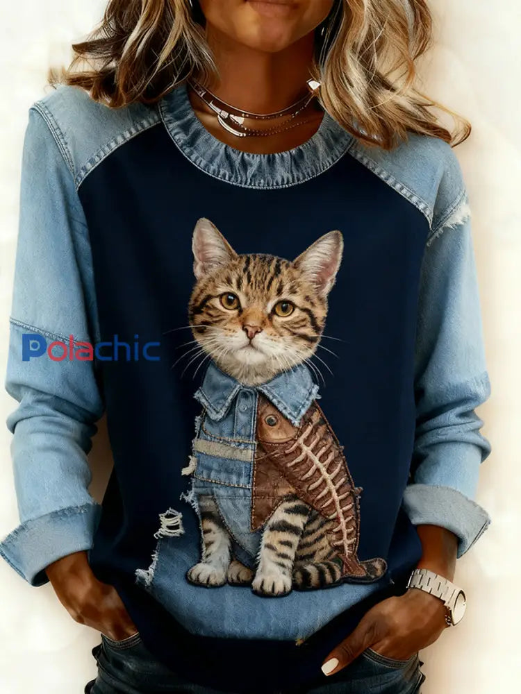 Retro Animal Art Print confortable Denim Patchwork Sweatshirt pour femmes A / S
