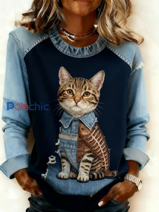 Retro Animal Art Print confortable Denim Patchwork Sweatshirt pour femmes A / S