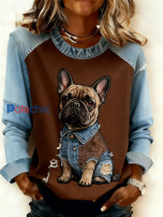 Retro Animal Art Print confortable Denim Patchwork Sweatshirt pour femmes A / S