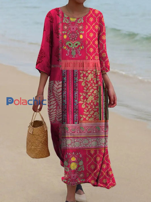 Rétro Art Floral Imprimé Col Rond Vintage Lâche Manches Longues Midi Robe A / S
