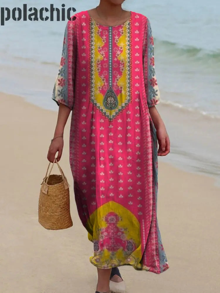 Rétro Art Floral Imprimé Col Rond Vintage Lâche Manches Longues Midi Robe A / S